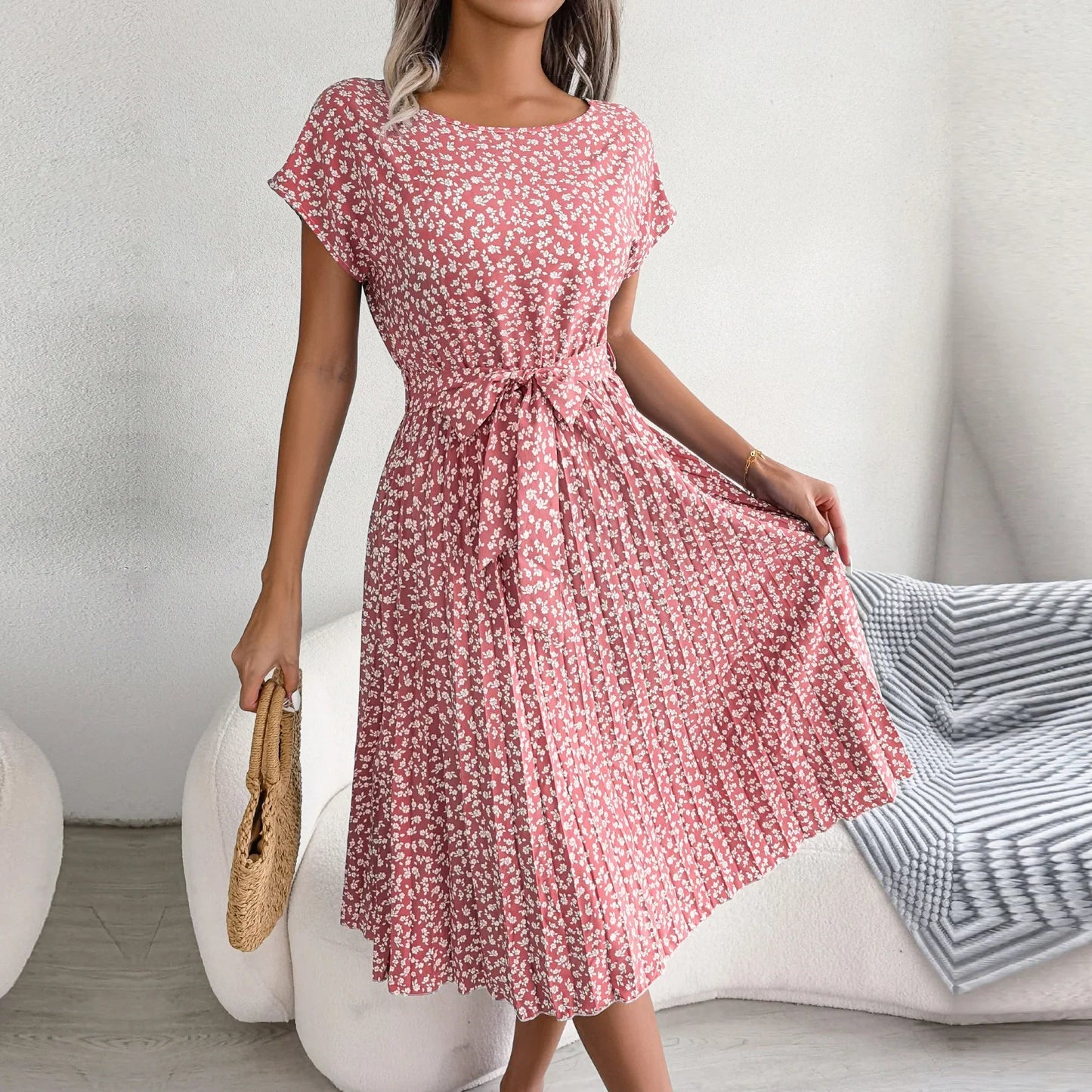 EP | Printemps Court Taille Chic Floral Plissé Une ligne Longue Robe Midi