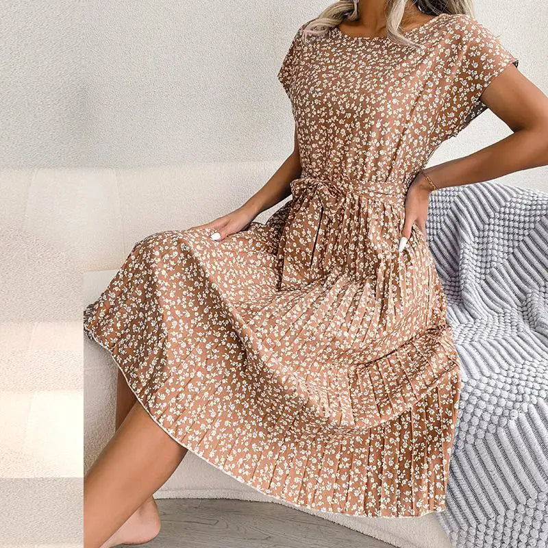 EP | Printemps Court Taille Chic Floral Plissé Une ligne Longue Robe Midi