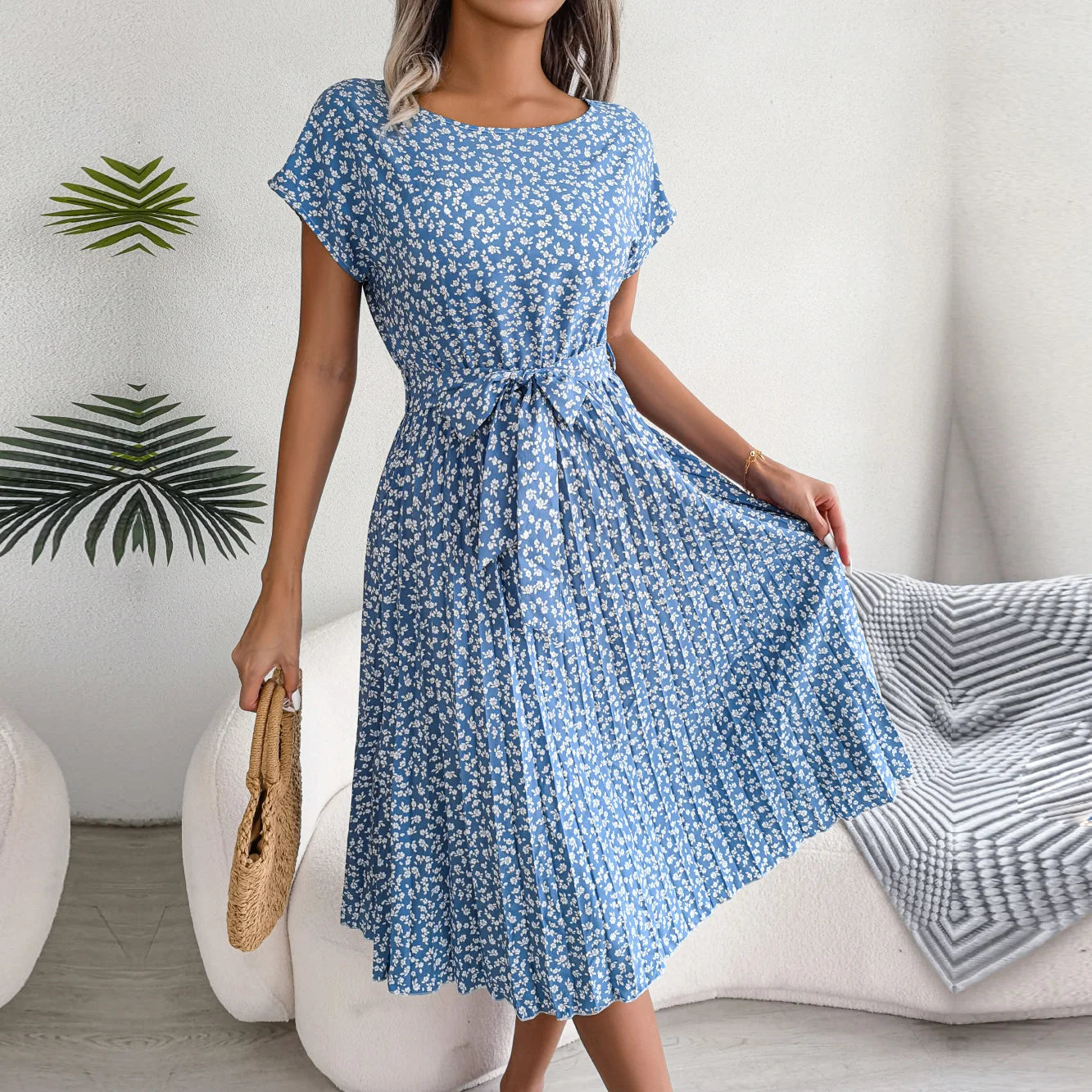 EP | Printemps Court Taille Chic Floral Plissé Une ligne Longue Robe Midi