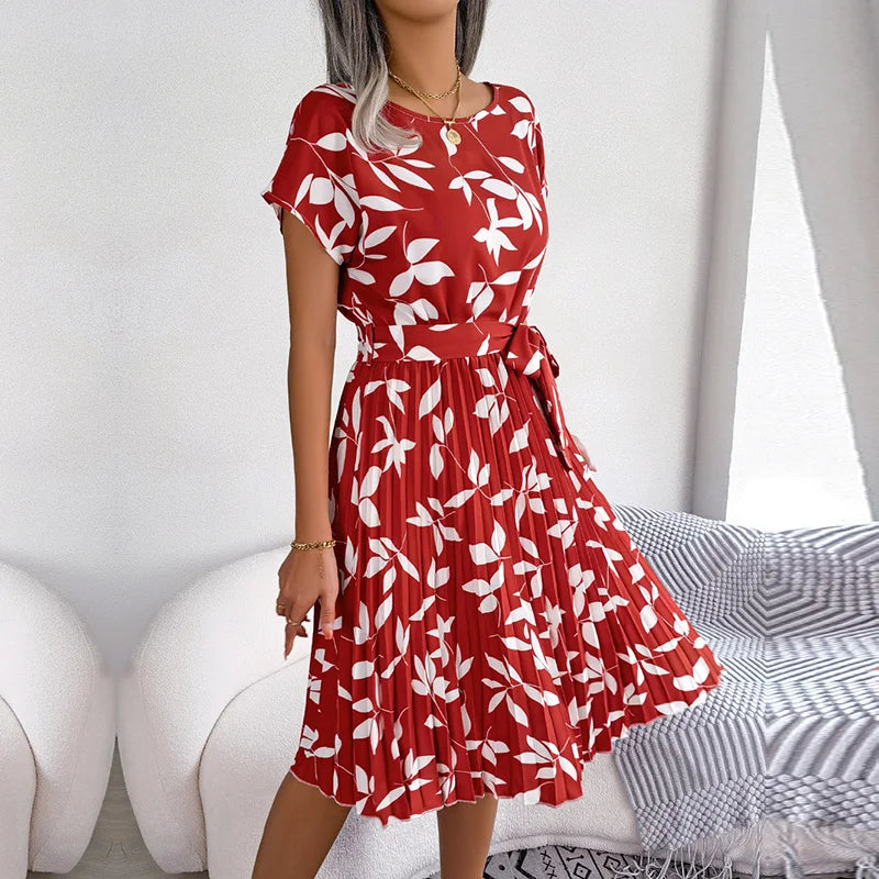 EP | Printemps Court Taille Chic Floral Plissé Une ligne Longue Robe Midi