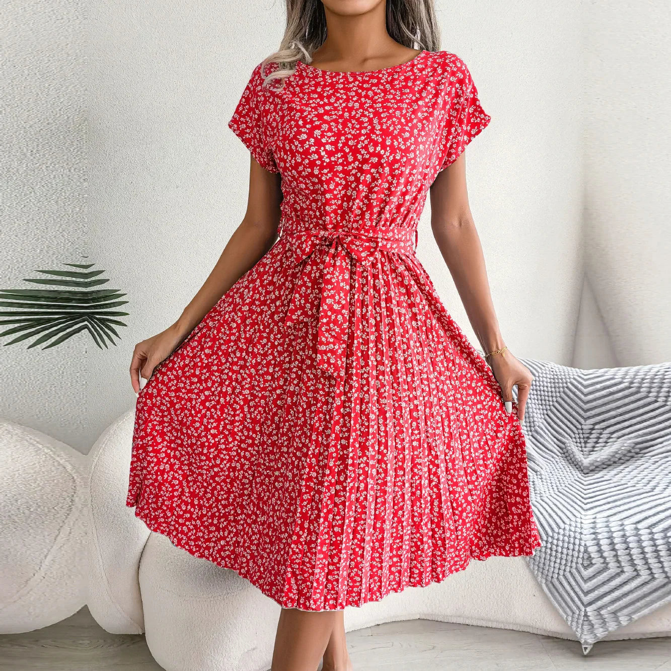 EP | Printemps Court Taille Chic Floral Plissé Une ligne Longue Robe Midi