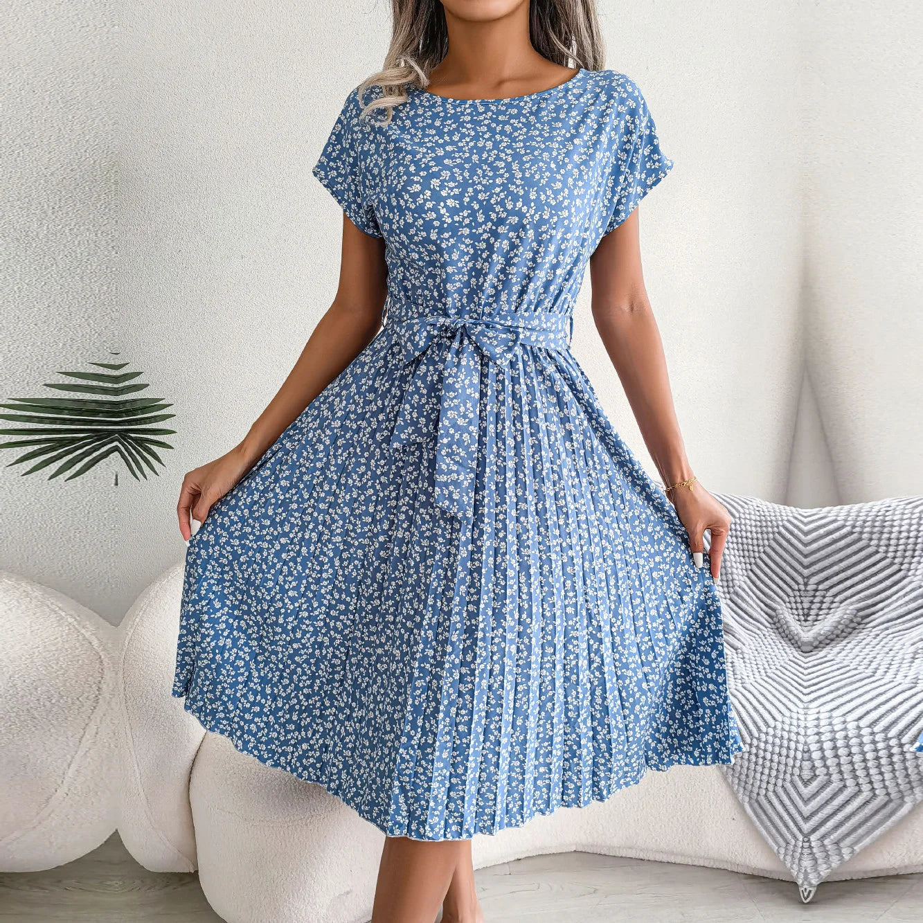 EP | Printemps Court Taille Chic Floral Plissé Une ligne Longue Robe Midi