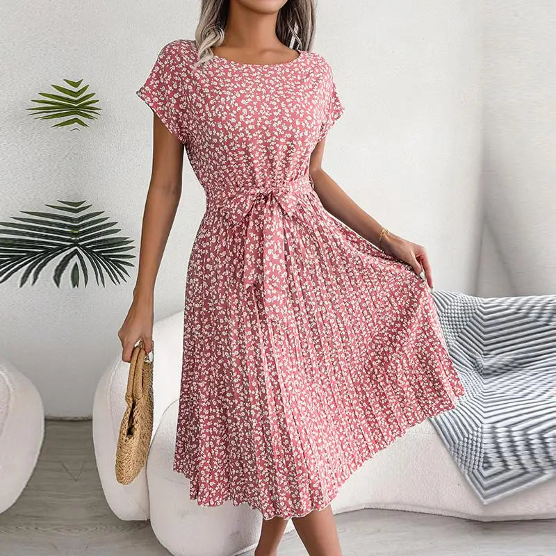 EP | Printemps Court Taille Chic Floral Plissé Une ligne Longue Robe Midi