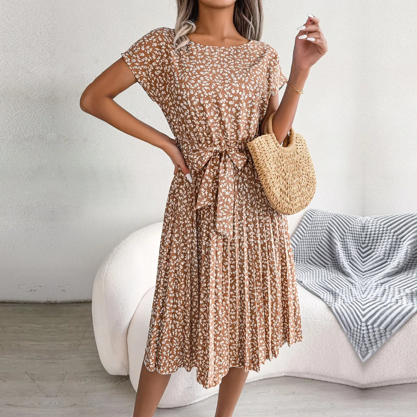 EP | Printemps Court Taille Chic Floral Plissé Une ligne Longue Robe Midi