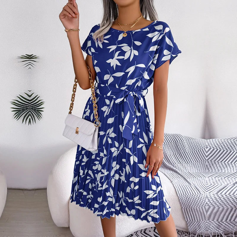 EP | Printemps Court Taille Chic Floral Plissé Une ligne Longue Robe Midi