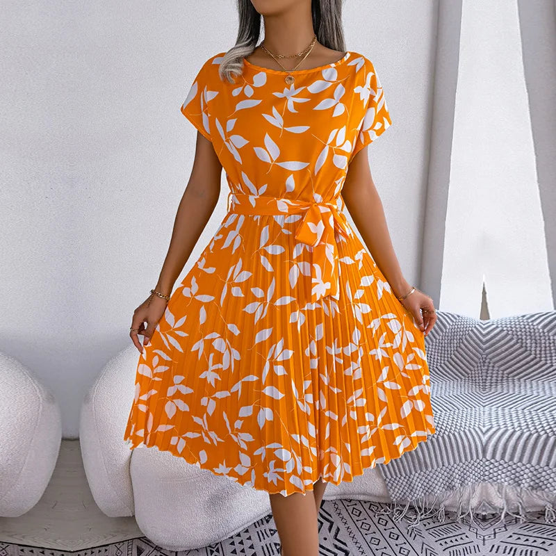 EP | Printemps Court Taille Chic Floral Plissé Une ligne Longue Robe Midi
