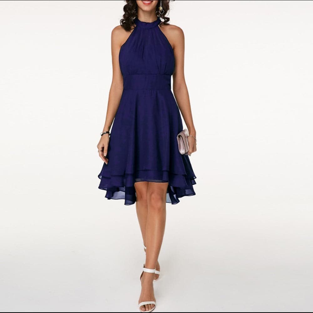 EP | Robe Femme Elégante Halter Sans Manches Coupé Multi-couches Robe Midi