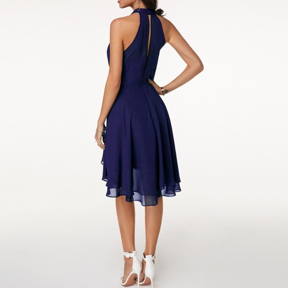 EP | Robe Femme Elégante Halter Sans Manches Coupé Multi-couches Robe Midi