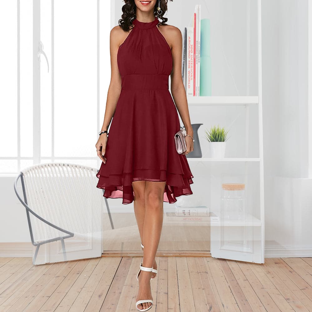 EP | Robe Femme Elégante Halter Sans Manches Coupé Multi-couches Robe Midi