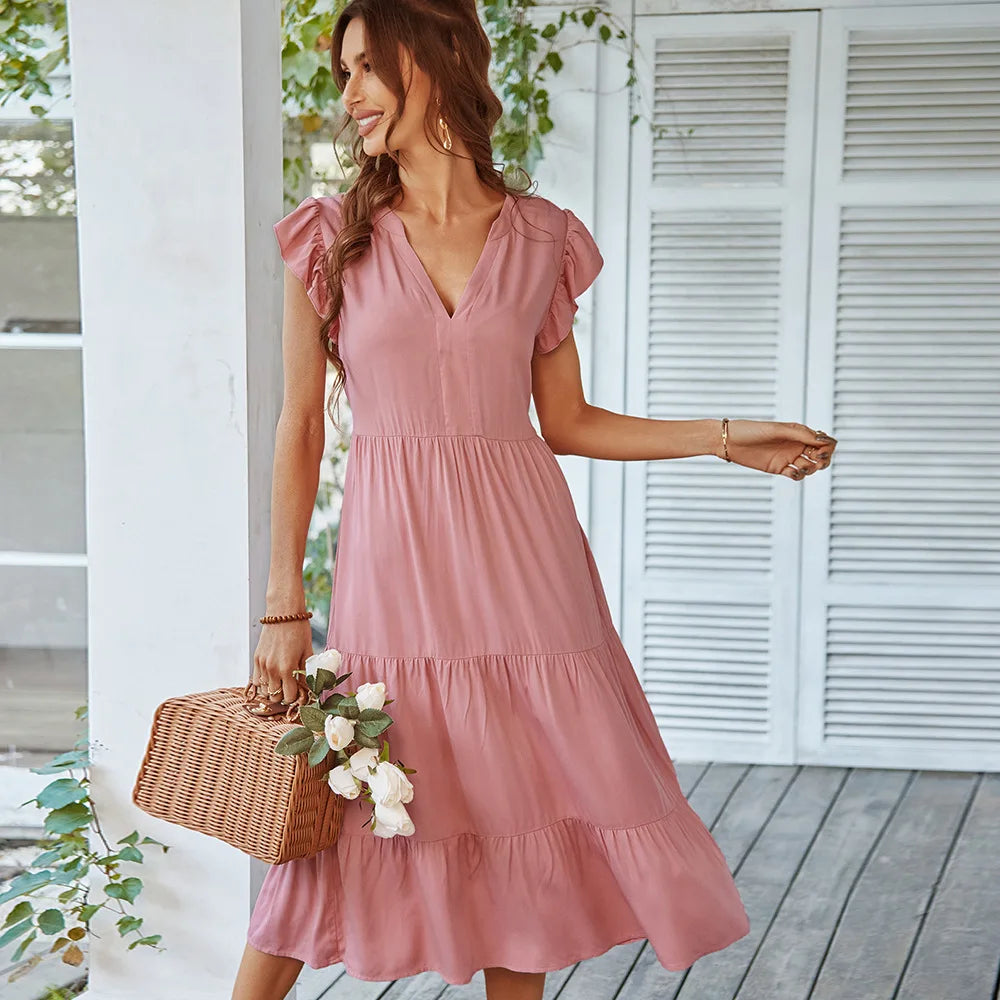 EP | V-cou Sexy Flying Solid Loisirs A-Line Longue Robe Midi