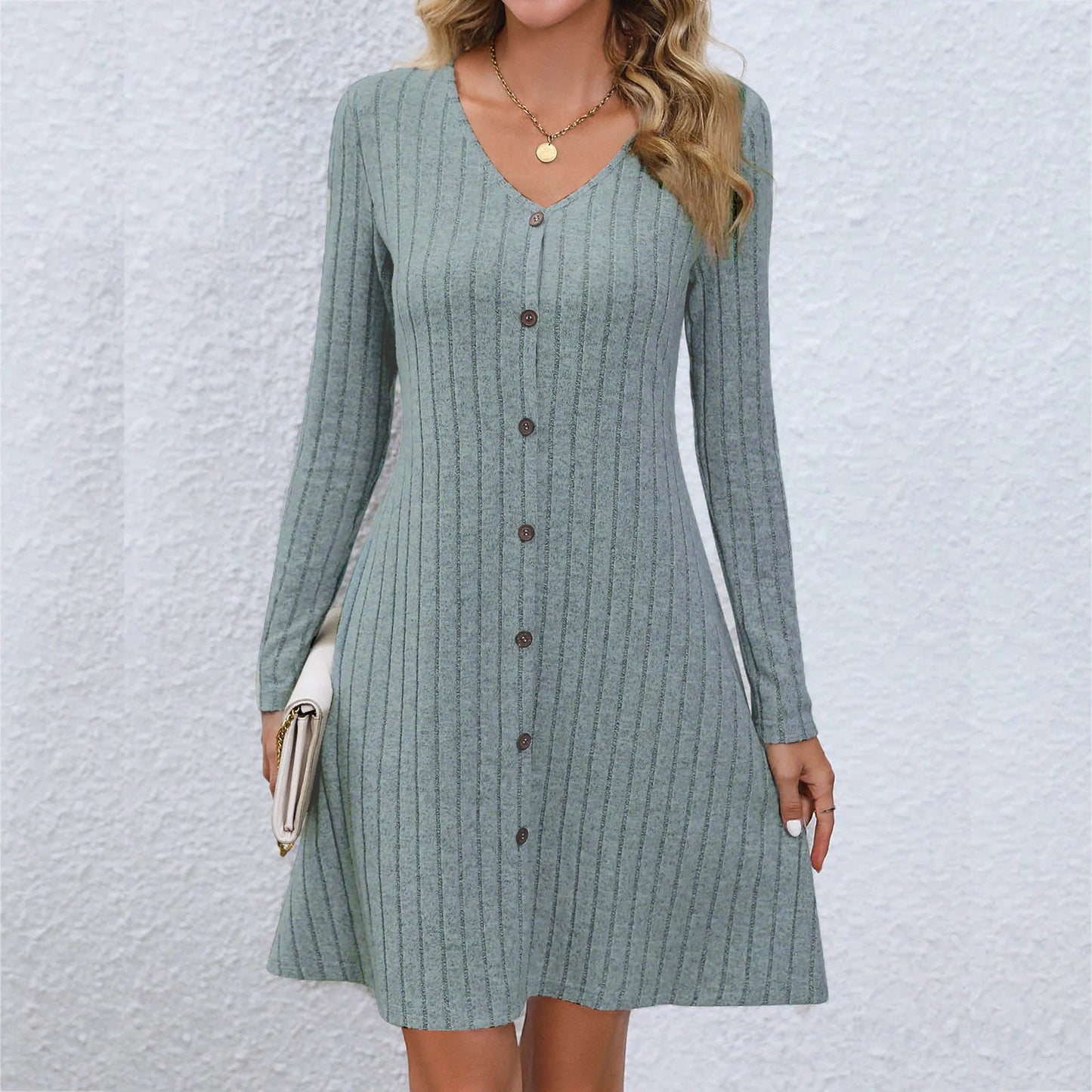 EP | Robe midi chic avec décolleté en V et taille boutonnée, manches longues, couleur unie