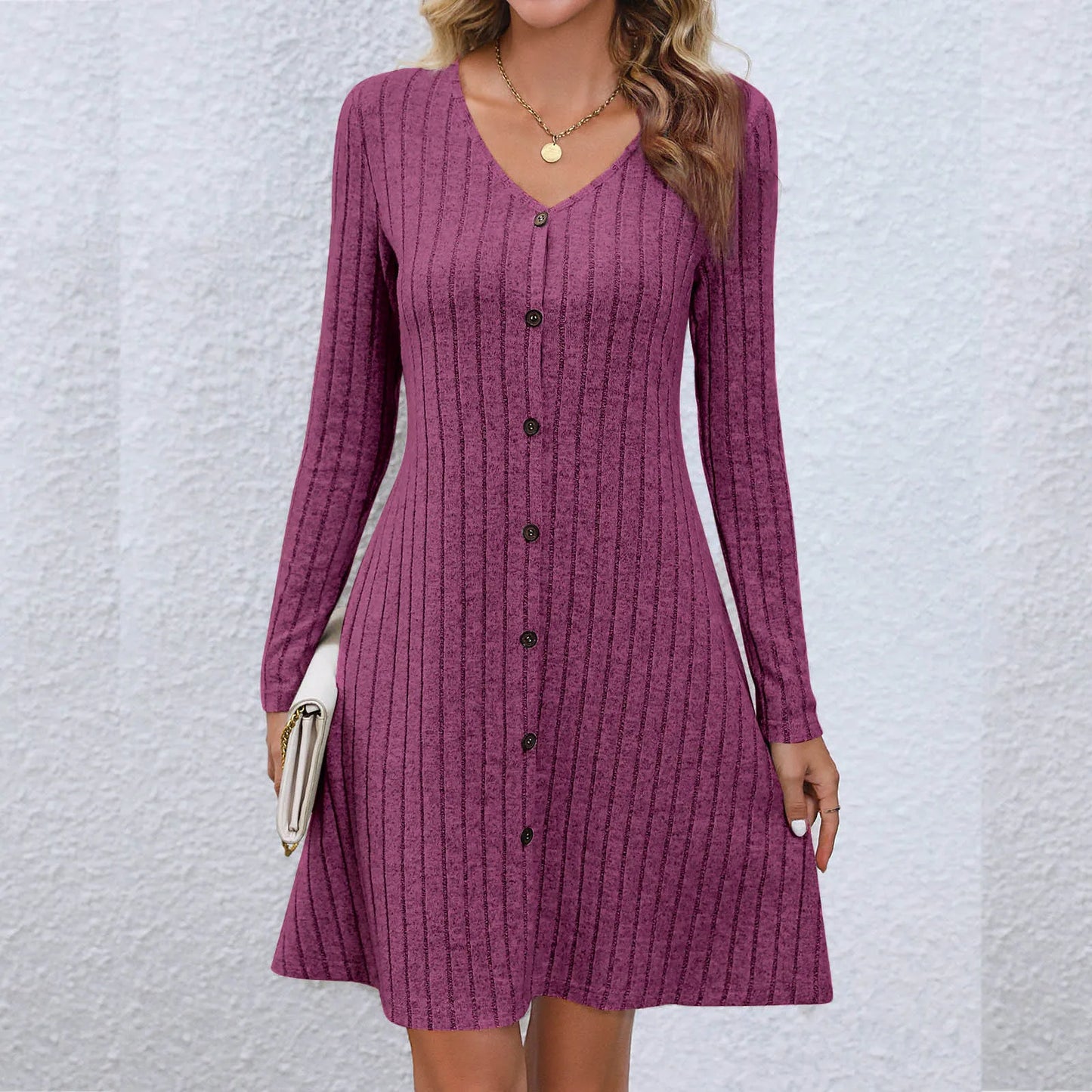 EP | Robe midi chic avec décolleté en V et taille boutonnée, manches longues, couleur unie