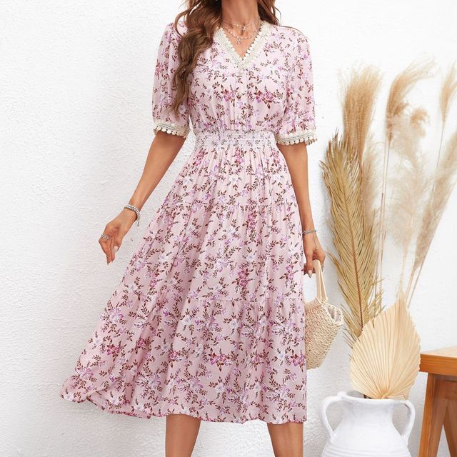 EP | Robe midi avec col en V et motif floral en ligne A FR1061