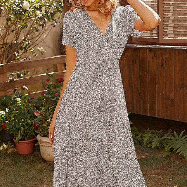 EP | Robe midi avec col en V et motif floral en ligne A FR102