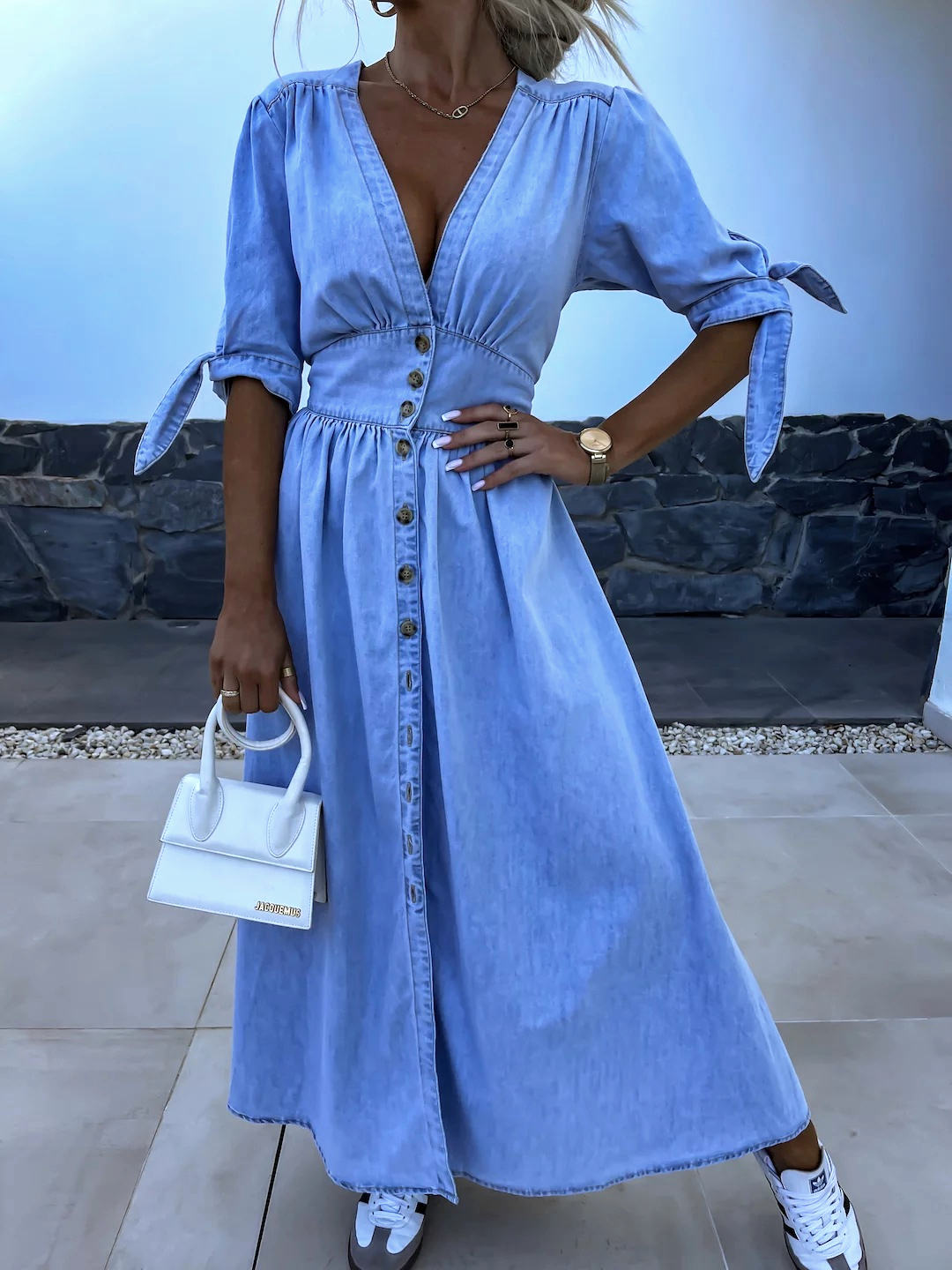 EP | Longue robe en chambray avec fente sur le devant