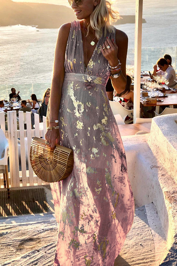 EP | Robe longue avec décolleté en V et paillettes dorées
