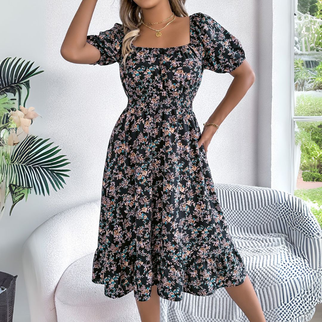 EP | Robe midi élégante à fleurs et manches bouffantes