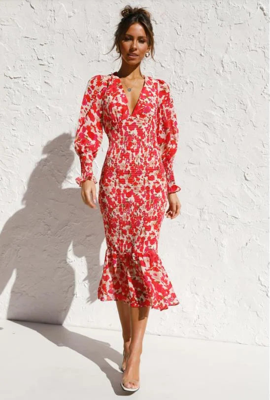 EP | Robe midi femme - décolleté profond en V - manches ballon - ourlet ruché - silhouette cintrée