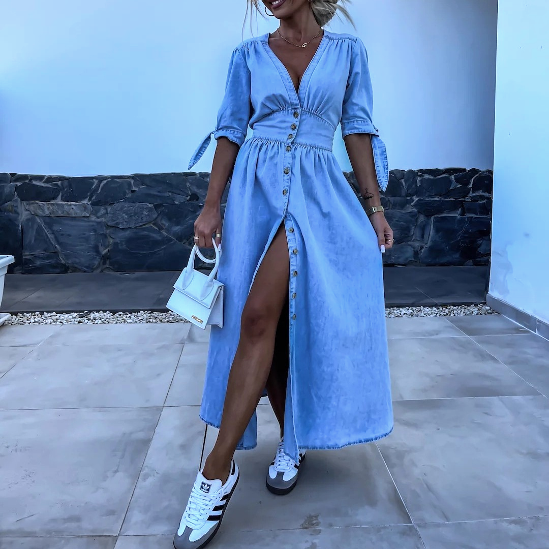 EP | Longue robe en chambray avec fente sur le devant