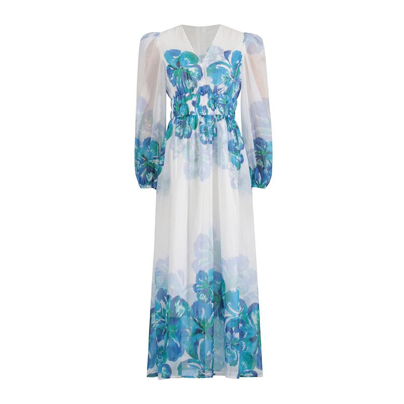 EP | Robe midi pour femme - Encolure en V - Taille smockée - Manches longues - Coupe légère et élégante