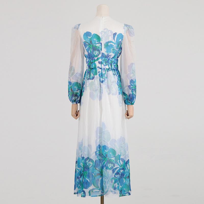 EP | Robe midi pour femme - Encolure en V - Taille smockée - Manches longues - Coupe légère et élégante