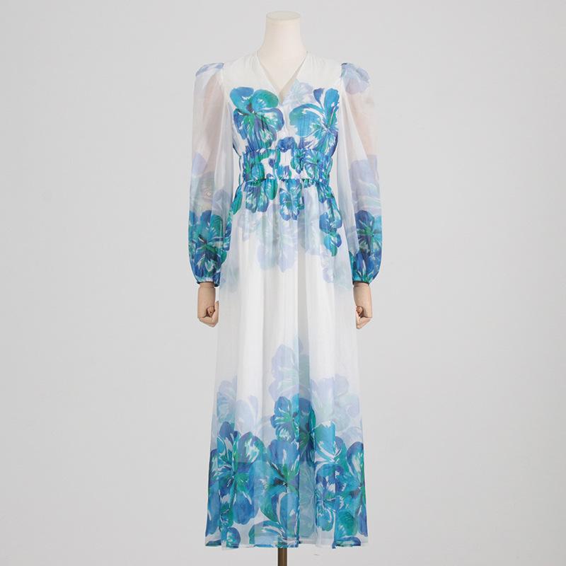 EP | Robe midi pour femme - Encolure en V - Taille smockée - Manches longues - Coupe légère et élégante