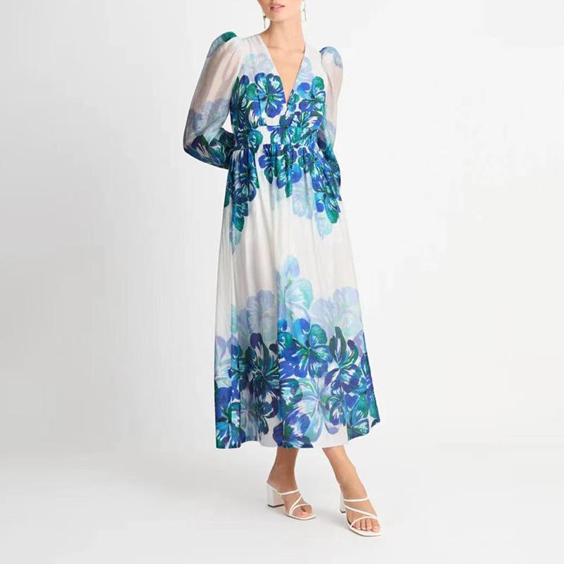 EP | Robe midi pour femme - Encolure en V - Taille smockée - Manches longues - Coupe légère et élégante