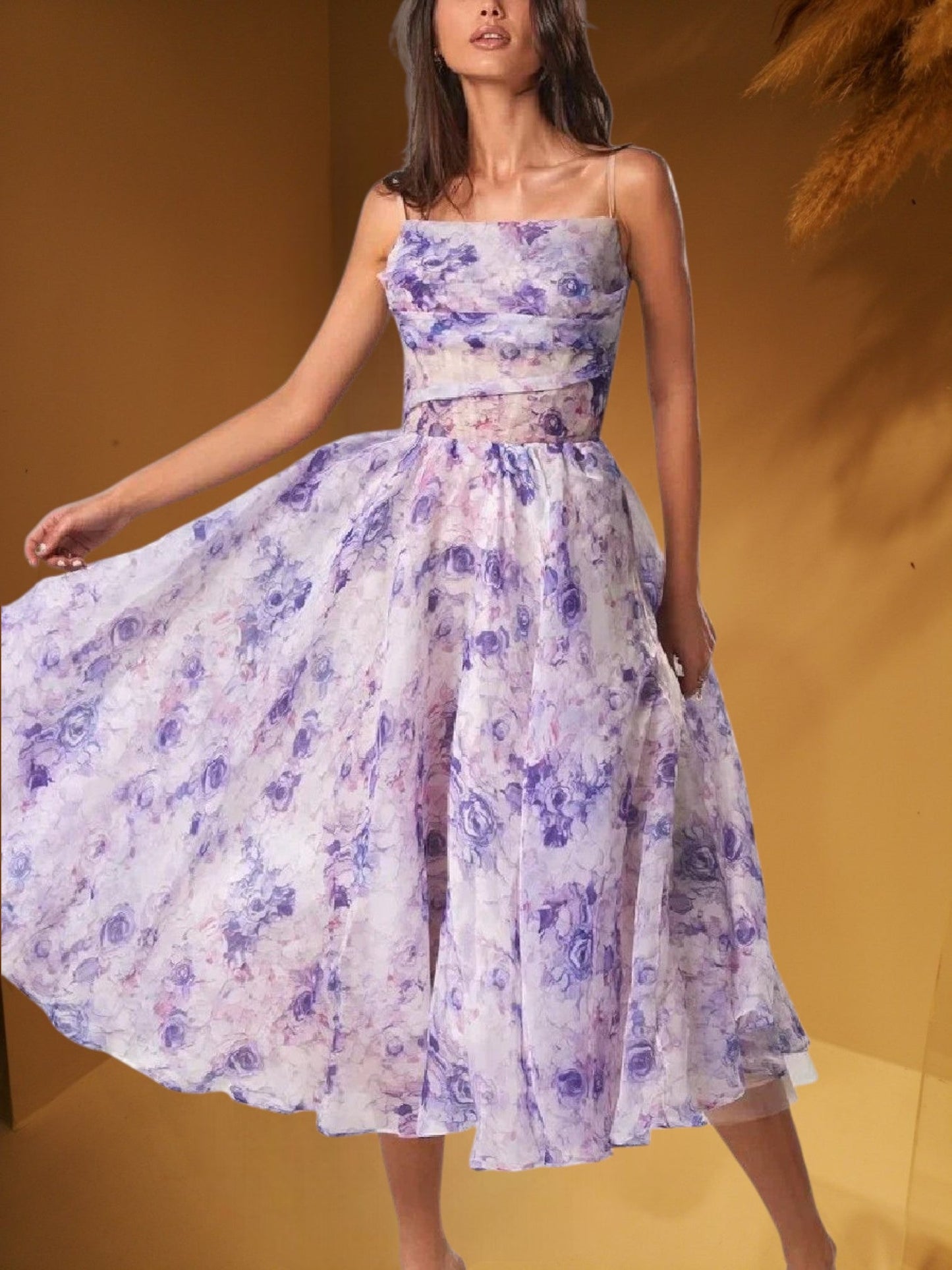 EP | Robe midi sans manches pour femme avec imprimé floral et coupe structurée