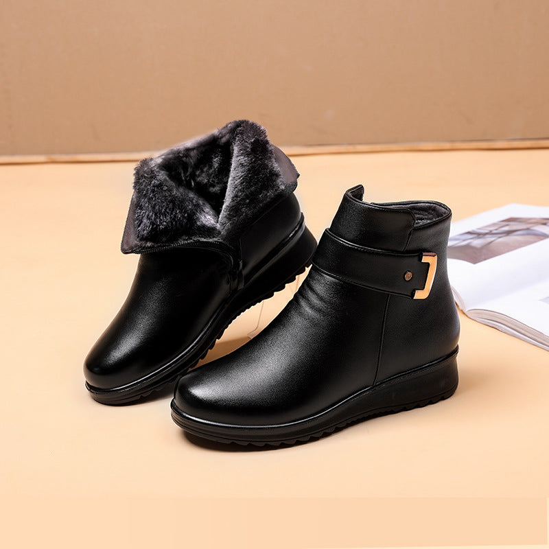 EP Genuine Leather Metal Buckle Velvet Boots