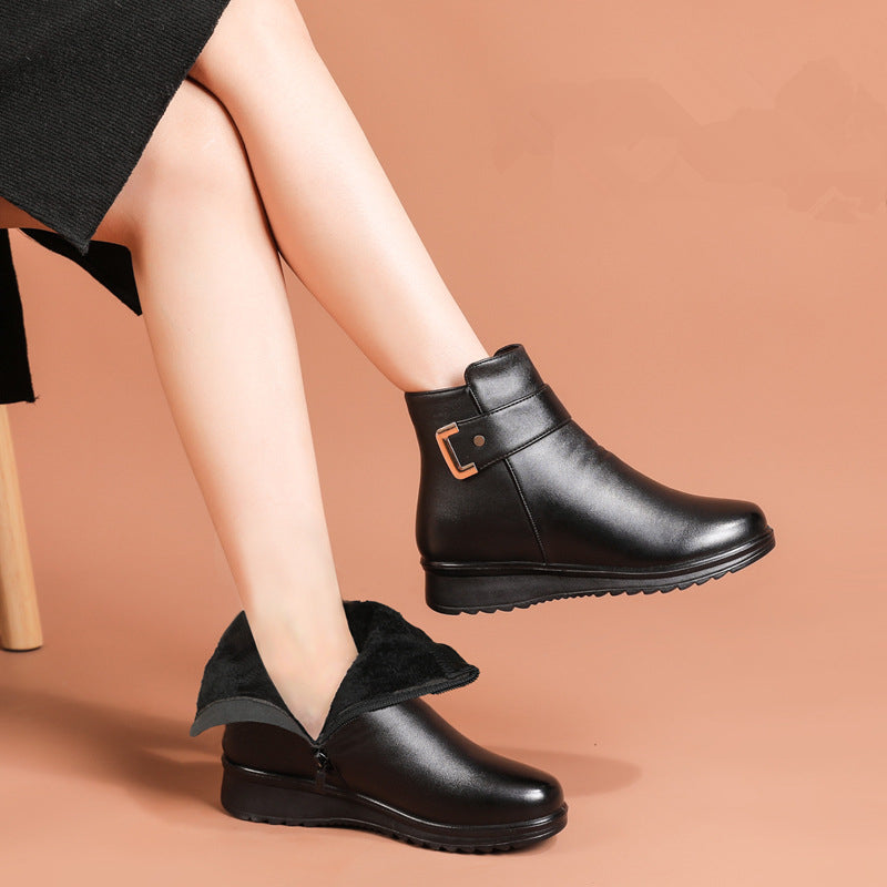 EP Genuine Leather Metal Buckle Velvet Boots