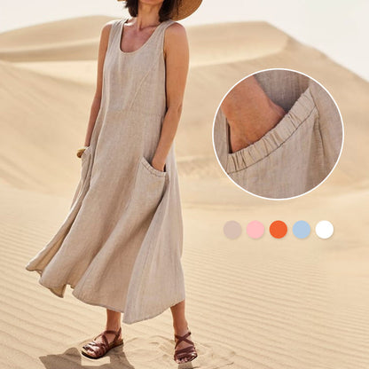 EP | Femmes occasionnelles sans manches en lin robe de soleil sac plage solide couleur robe longue