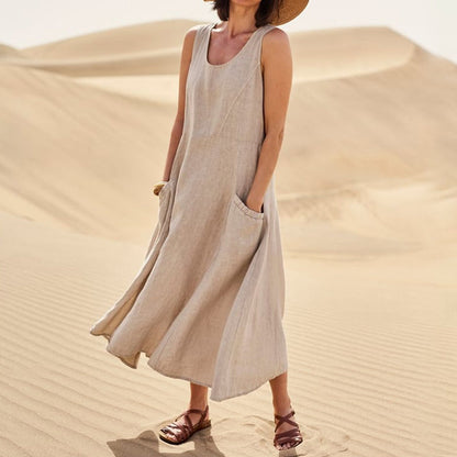 EP | Femmes occasionnelles sans manches en lin robe de soleil sac plage solide couleur robe longue