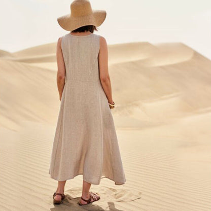 EP | Femmes occasionnelles sans manches en lin robe de soleil sac plage solide couleur robe longue