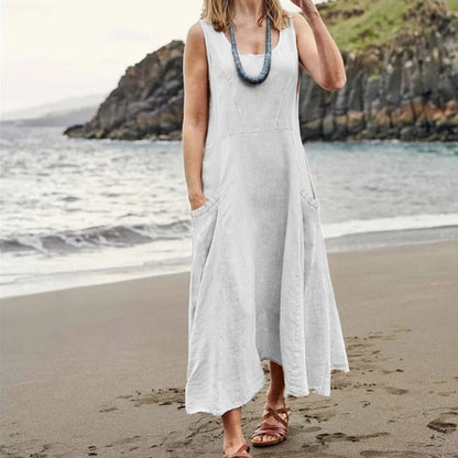 EP | Femmes occasionnelles sans manches en lin robe de soleil sac plage solide couleur robe longue