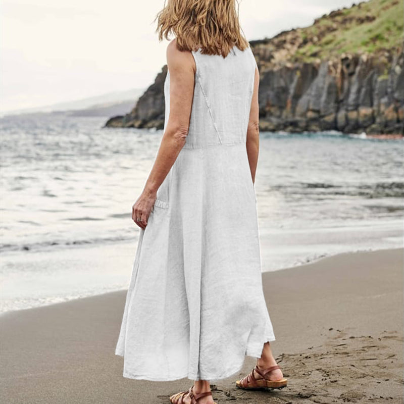 EP | Femmes occasionnelles sans manches en lin robe de soleil sac plage solide couleur robe longue
