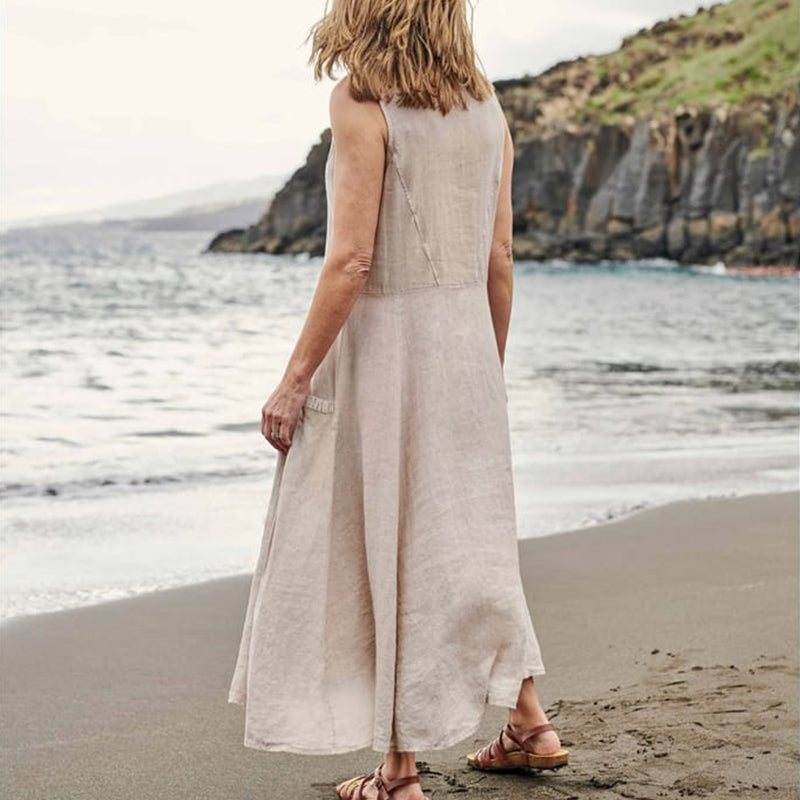 EP | Femmes occasionnelles sans manches en lin robe de soleil sac plage solide couleur robe longue