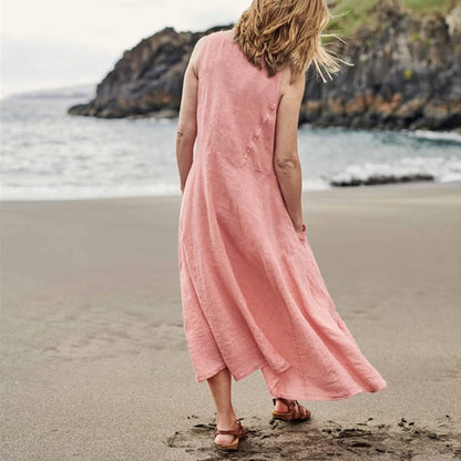 EP | Femmes occasionnelles sans manches en lin robe de soleil sac plage solide couleur robe longue