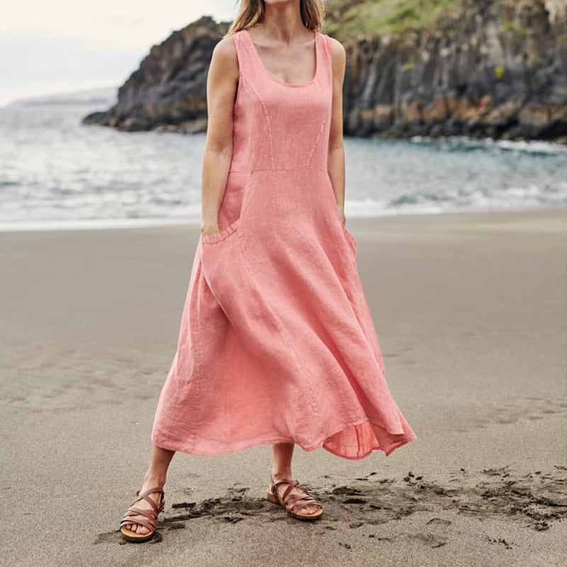 EP | Femmes occasionnelles sans manches en lin robe de soleil sac plage solide couleur robe longue
