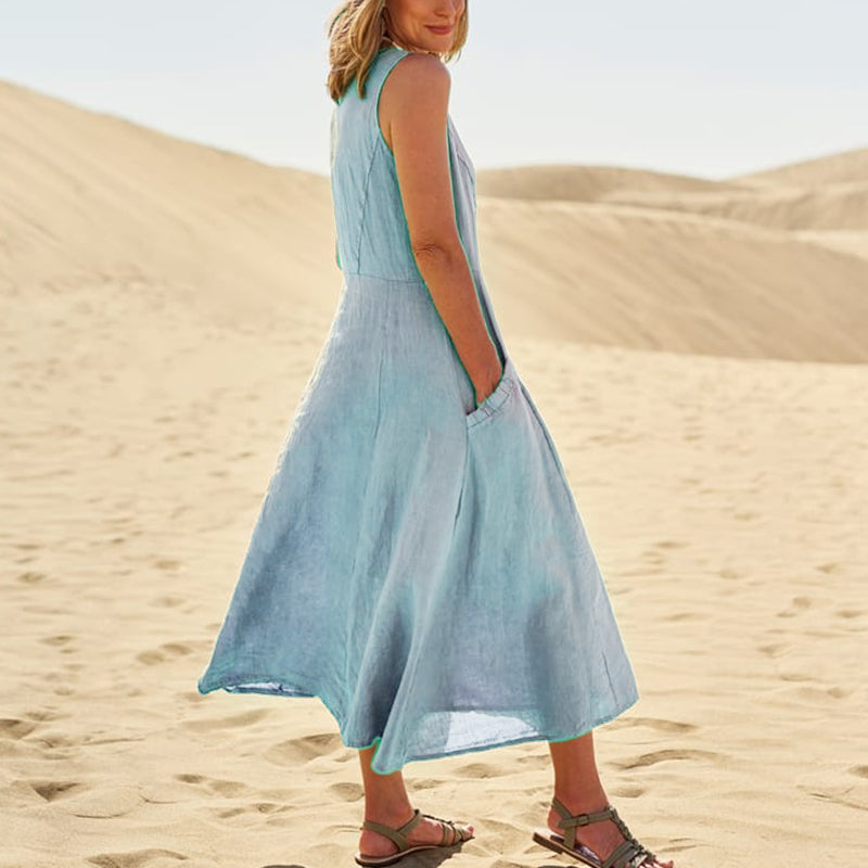 EP | Femmes occasionnelles sans manches en lin robe de soleil sac plage solide couleur robe longue