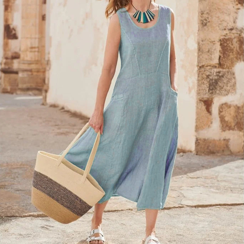EP | Femmes occasionnelles sans manches en lin robe de soleil sac plage solide couleur robe longue
