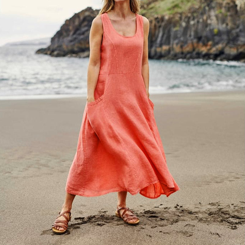 EP | Femmes occasionnelles sans manches en lin robe de soleil sac plage solide couleur robe longue