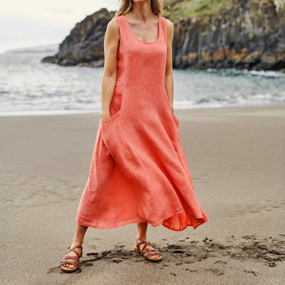 EP | Femmes occasionnelles sans manches en lin robe de soleil sac plage solide couleur robe longue