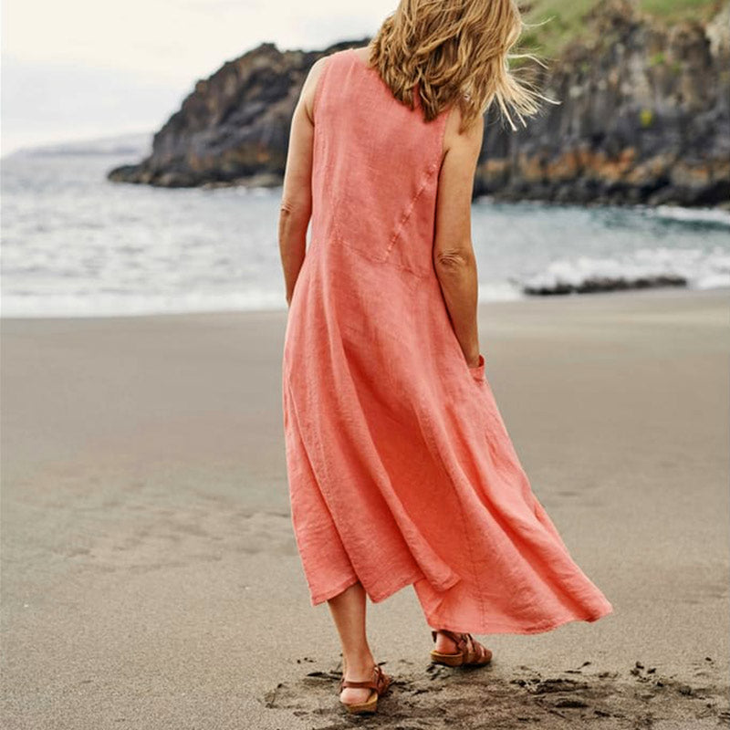EP | Femmes occasionnelles sans manches en lin robe de soleil sac plage solide couleur robe longue