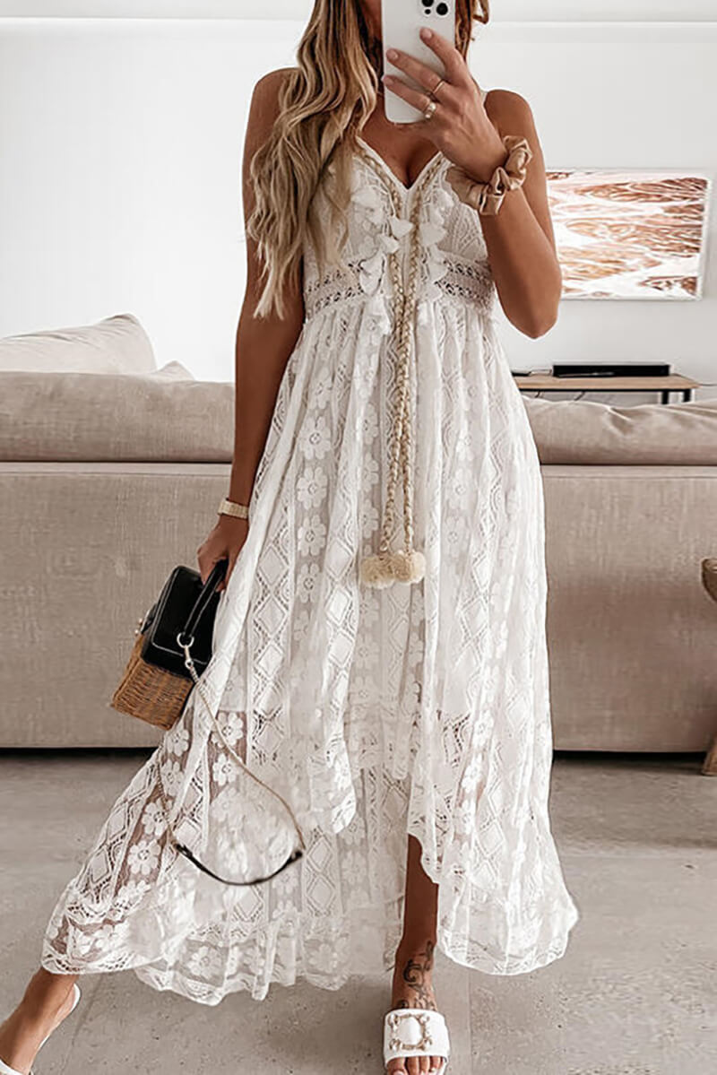 EP | Robe midi en jabot avec dentelle et volants