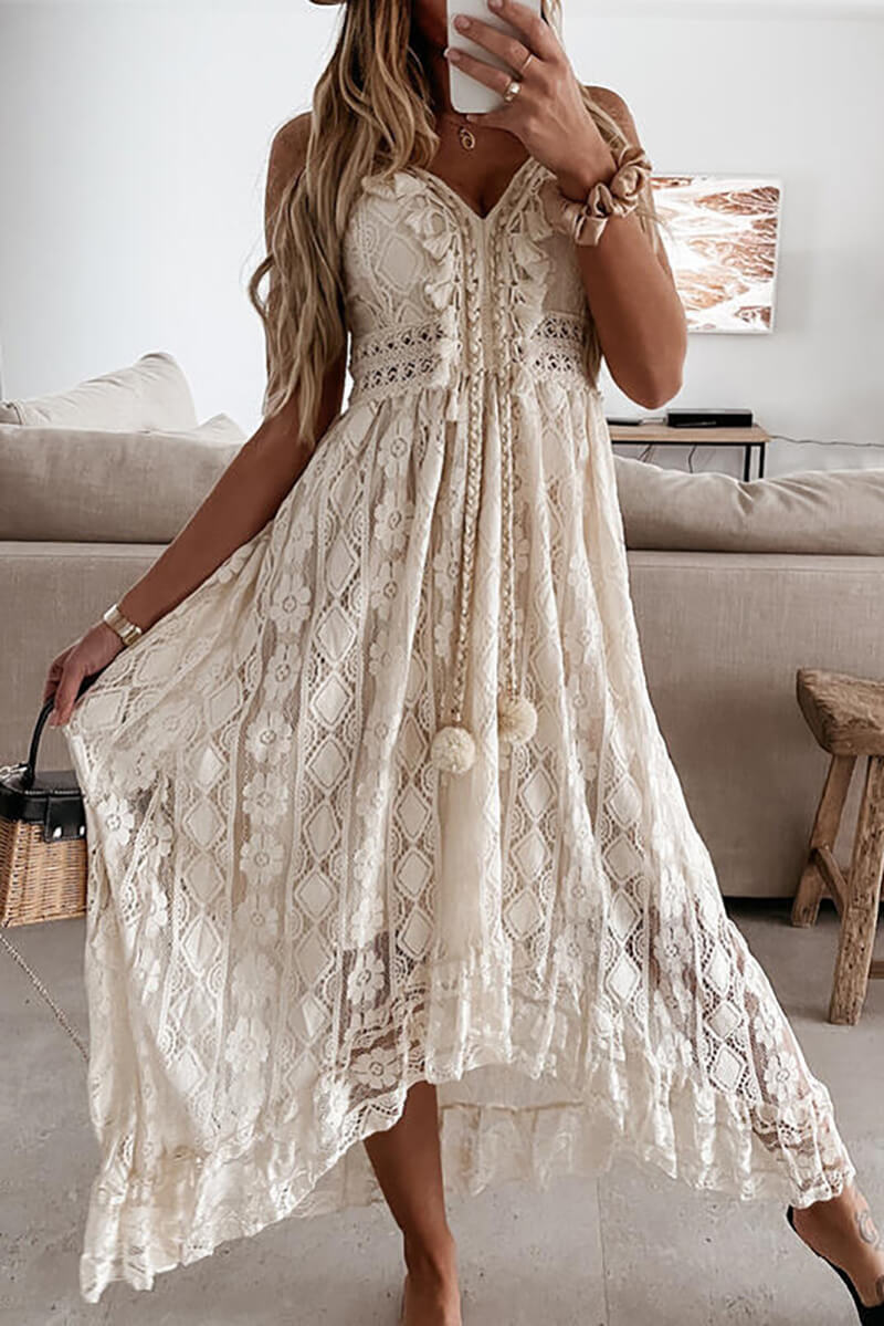 EP | Robe midi en jabot avec dentelle et volants