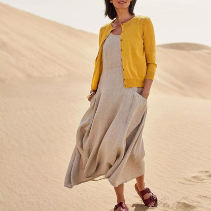 EP | Femmes occasionnelles sans manches en lin robe de soleil sac plage solide couleur robe longue