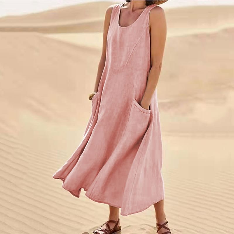 EP | Femmes occasionnelles sans manches en lin robe de soleil sac plage solide couleur robe longue