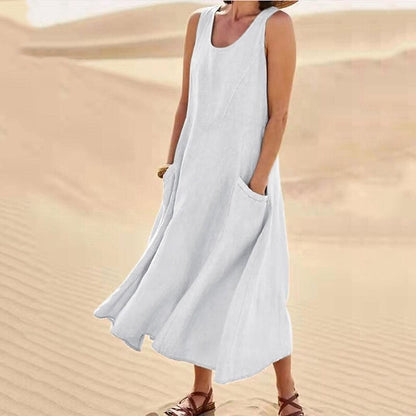 EP | Femmes occasionnelles sans manches en lin robe de soleil sac plage solide couleur robe longue