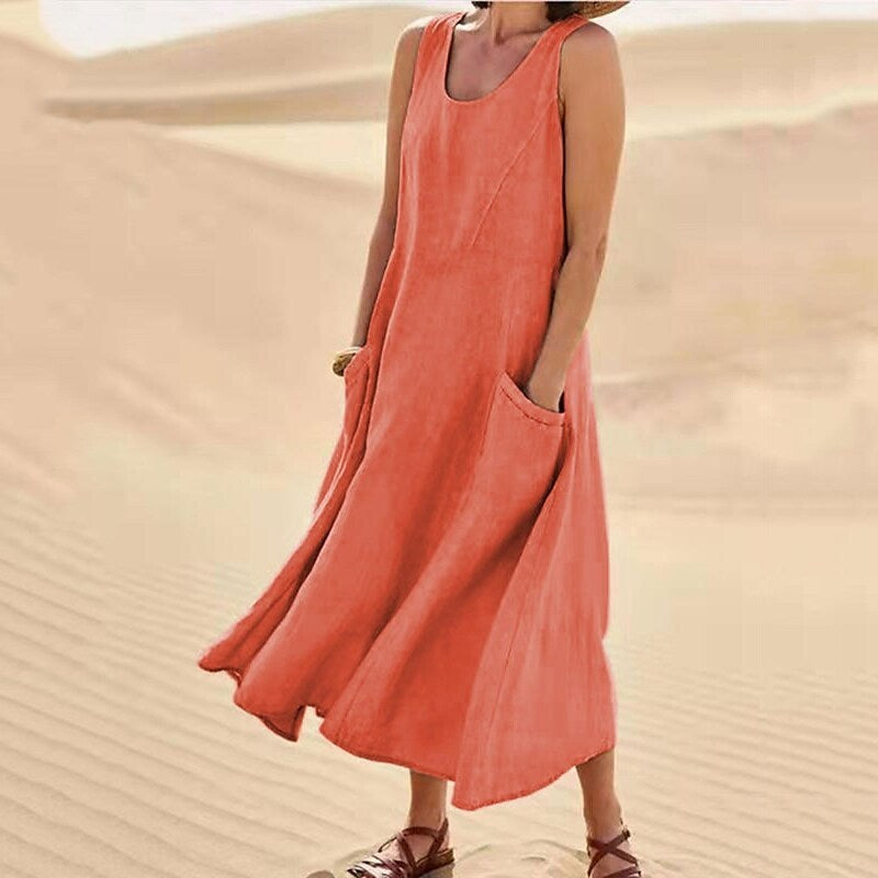 EP | Femmes occasionnelles sans manches en lin robe de soleil sac plage solide couleur robe longue