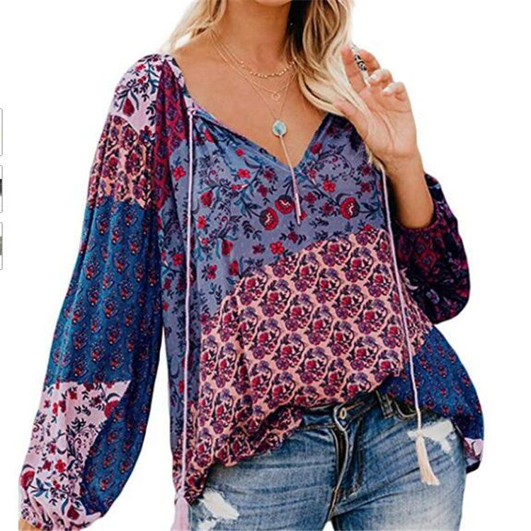 EP | Femmes Boho Baggy Floral Blouse à Manches Longues